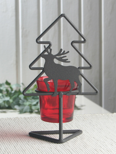 Metall-Teelichthalter "Rentier vor Tanne", rotes Glas