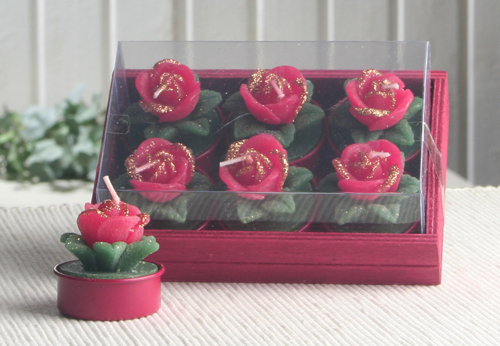 6er-Pack Dekokerze / Teelicht "Weihnachtsrose" Grün/Rot/Glitzer