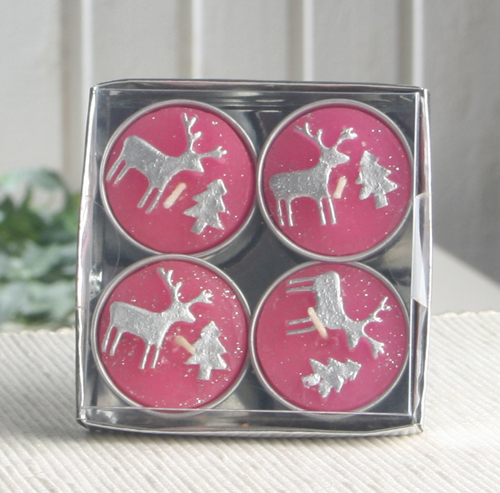 4er-Pack Dekokerze / Teelicht "Reindeer & Tree" Pink/Silber