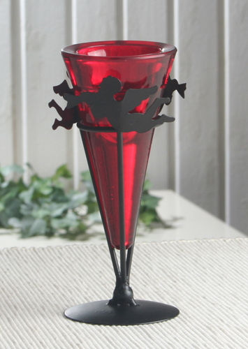 Metall-Teelichthalter "Engel", rotes Glas, Kegelform