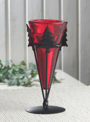 rotes Glas, Metall-Teelichthalter Kegelform \