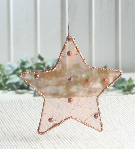 Anhänger "Organza-Stern Braun", Größe S, Braun/Glitzer/Perlen