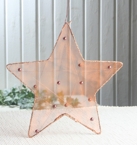 Anhänger "Organza-Stern Braun", Größe M, Braun/Glitzer/Perlen