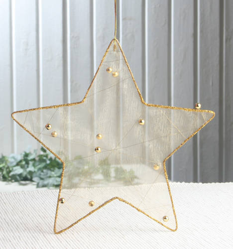 Anhänger "Organza-Stern Gold", Größe M, Gold/Glitzer/Perlen