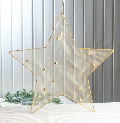 Anhänger "Organza-Stern Gold", Größe L, Gold/Glitzer/Perlen