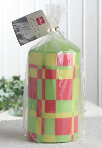 1-B-Ware!!! Stumpenkerze "LineCross", 13 x 7 cm Ø, lemongreen, Quadrate