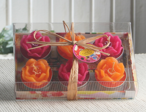 6er-Pack Dekokerze / Teelicht "Mohnblüte" PINK-ORANGE, mit Duft, Geschenkbox