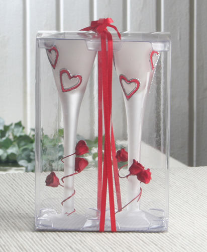 2er-Set Dekokerzen im Glas, Sektglas-Optik, "Funkelnde Herzen"