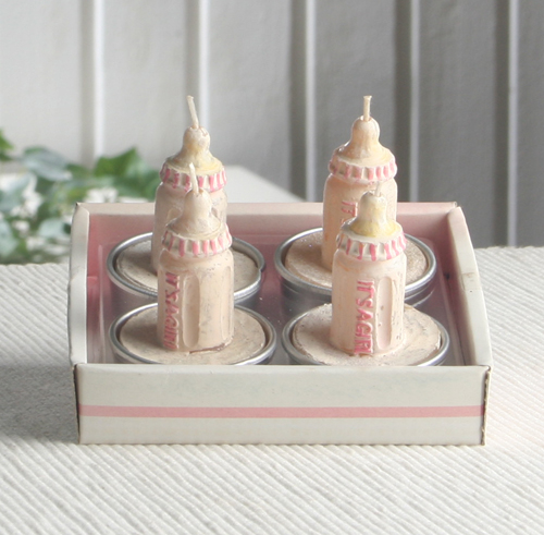 4er-Pack Dekokerze / Teelicht Babyflasche "It's a girl", rosa