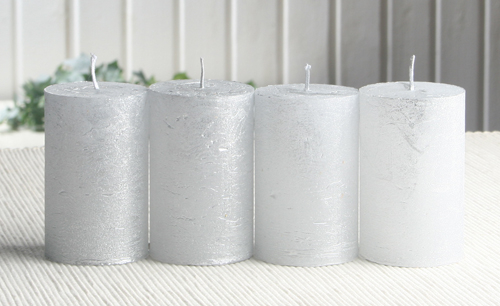SET: 4x Rustik-Stumpenkerze, 8 x 5 cm Ø, silber-metallic