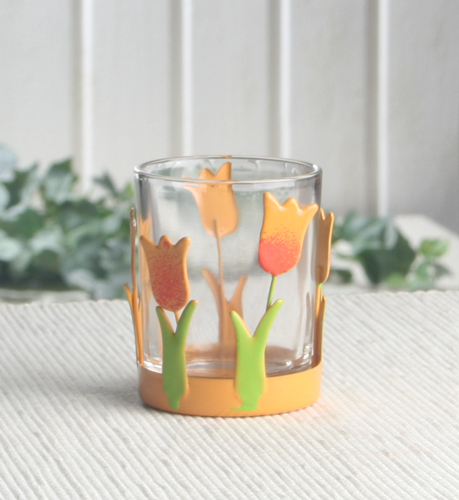 Teelichtglas mit Metallring "Tulpe Gelb"