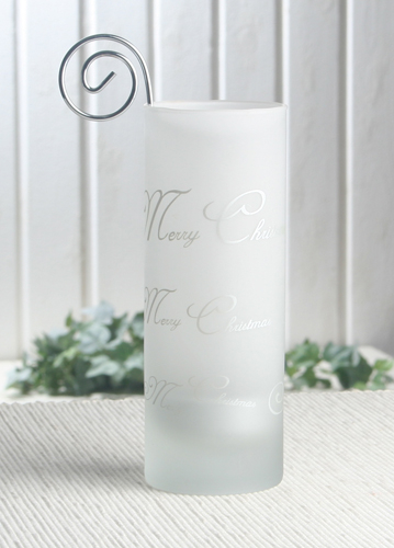 Teelichtglas mit Halter "Merry Christmas-Schriftzug", satiniert/silber