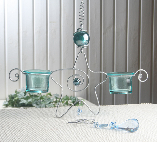 Hängedeko "Stern" mit 2 Kerzengläsern, SILBER/TÜRKIS
