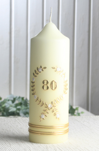 Jubiläumskerze "80 Jahre", 20 x 7 cm Ø, elfenbein, gold