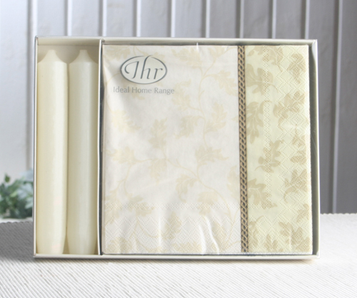 Geschenkset: Servietten + Stabkerzen "Foliole Cream"