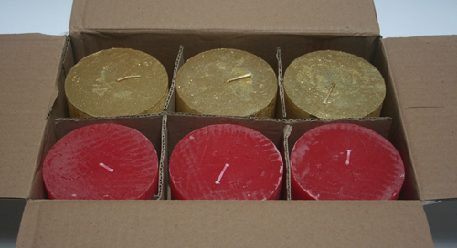Posten 740: 1-B-Ware, 6 x Rustik-Kerzen 10 x 10 cm Ø, rot-gold