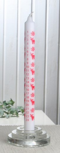 Adventskalender-Stabkerze "Scandic Christmas", 25 x 2,2 cm Ø, weiß-rot