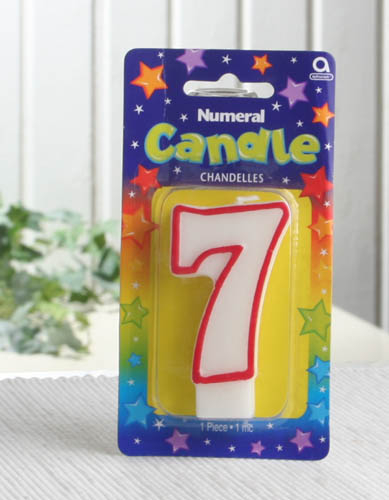 Geburtstagskerze / Zahlenkerze (weiß-rot), ca. 7,5 cm hoch, "7"