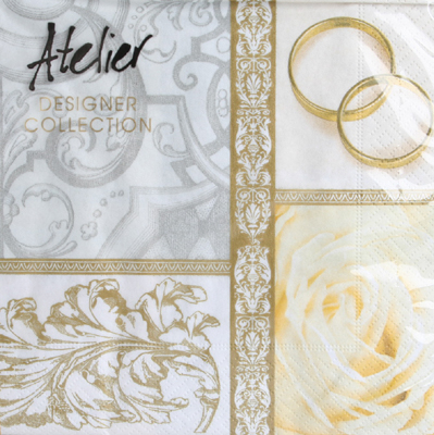 Serviette "Wedding Day", Ornament & Ringe, weiß-gold, Atelier