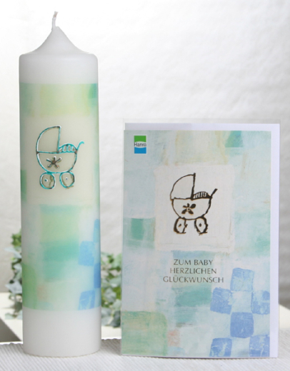 Taufkerze "Kinderwagen" (Stumpen), grün, türkis, blau