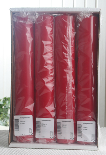 Stumpenkerze, ca. 25 x 4 cm Ø, 4er-Pack, rubinrot