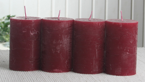 SET: 4x Rustik-Stumpenkerze, 8 x 5 cm Ø, rubinrot-bordeaux