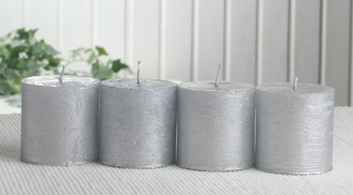 SET: 4x Rustik-Stumpenkerze, 5 x 5 cm Ø, silber-metallic