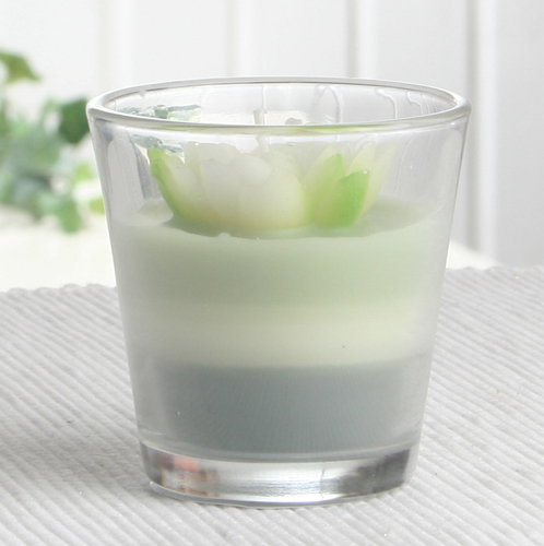 Kleine Dekokerze im Glas Lotusblüte, weiß-grün