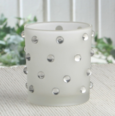 Milchglas-Teelichthalter mit Glasperlen "Silvery Collection", ca. 6,5 Ø x 8 cm