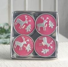 4er-Pack Dekokerze / Teelicht Reindeer & Tree Pink/Silber
