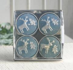 4er-Pack Dekokerze / Teelicht Reindeer & Tree Blau/Silber