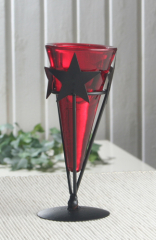 Metall-Teelichthalter Stern, rotes Glas, Kegelform