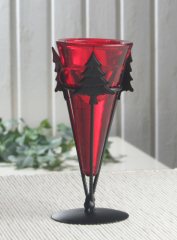 Metall-Teelichthalter Tanne, rotes Glas, Kegelform