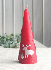 Spitzkegelkerze "Reindeer & Tree", Rot/Silber/Glitzer, Ø 5 x 15 cm