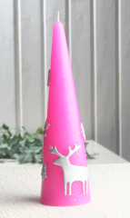 Spitzkegelkerze Reindeer & Tree, Pink/Silber/Glitzer, Ø 5,5 x 19,5 cm