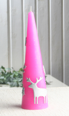 Spitzkegelkerze "Reindeer & Tree", Pink/Silber/Glitzer, Ø 5,5 x 19,5 cm