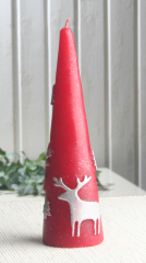 Spitzkegelkerze "Reindeer & Tree", Rot/Silber/Glitzer, Ø 5,5 x 19,5 cm