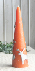 Spitzkegelkerze "Reindeer & Tree", Orange/Silber/Glitzer, Ø 5,5 x 19,5 cm