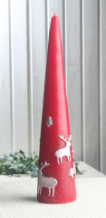 Spitzkegelkerze "Reindeer & Tree", Rot/Silber/Glitzer, Ø 6,5 x 29,5 cm