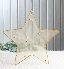 Anhänger "Organza-Stern Gold", Größe M, Gold/Glitzer/Perlen