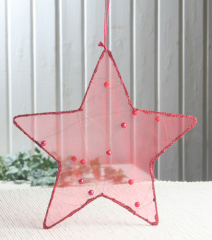 Anhänger "Organza-Stern Rot", Größe M, Rot/Glitzer/Perlen