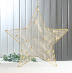Anhänger "Organza-Stern Gold", Größe L, Gold/Glitzer/Perlen