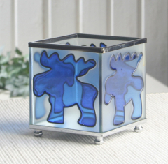 Würfel-Teelichthalter Elch blau, Glas/Plastik, ca. 7,5 x 8 cm