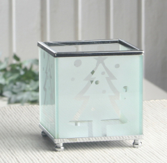 Würfel-Teelichthalter "Tanne", Milchglas/Plastik, ca. 7,5 x 8 cm
