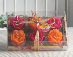 6er-Pack Dekokerze / Teelicht "Mohnblüte" PINK-ORANGE, mit Duft, Geschenkbox