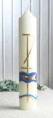 Taufkerze "Fisch", 27 x 5 cm Ø, gold-blau