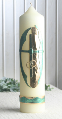 Braut-/Hochzeitskerze "Zwei Ringe", 25 x 6 cm Ø, gold-grün marmoriert