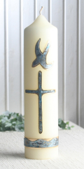 Taufkerze "Taube, Kreuz & Wellen", 25 x 6 cm Ø, gold-blau marmoriert