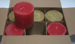 Posten 740: 1-B-Ware, 6 x Rustik-Kerzen 10 x 10 cm Ø, rot-gold