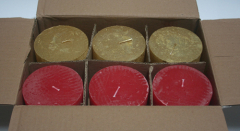 Posten 740: 1-B-Ware, 6 x Rustik-Kerzen 10 x 10 cm Ø, rot-gold